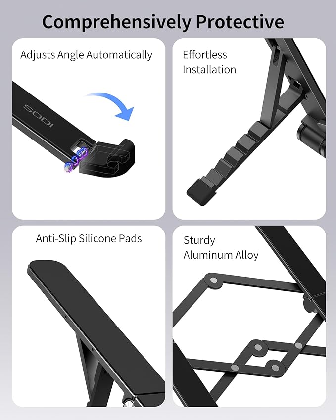 SODI 2025 Foldable Laptop Stand for Desk - Bi - fold Ergonomic Spring Adjustable Computer Holder, 3 in 1 Metal Portable Laptop Stand for Notebook, Phone, Tablet,10 - 16", Desk & Travel Use | Stands - TrueDesk