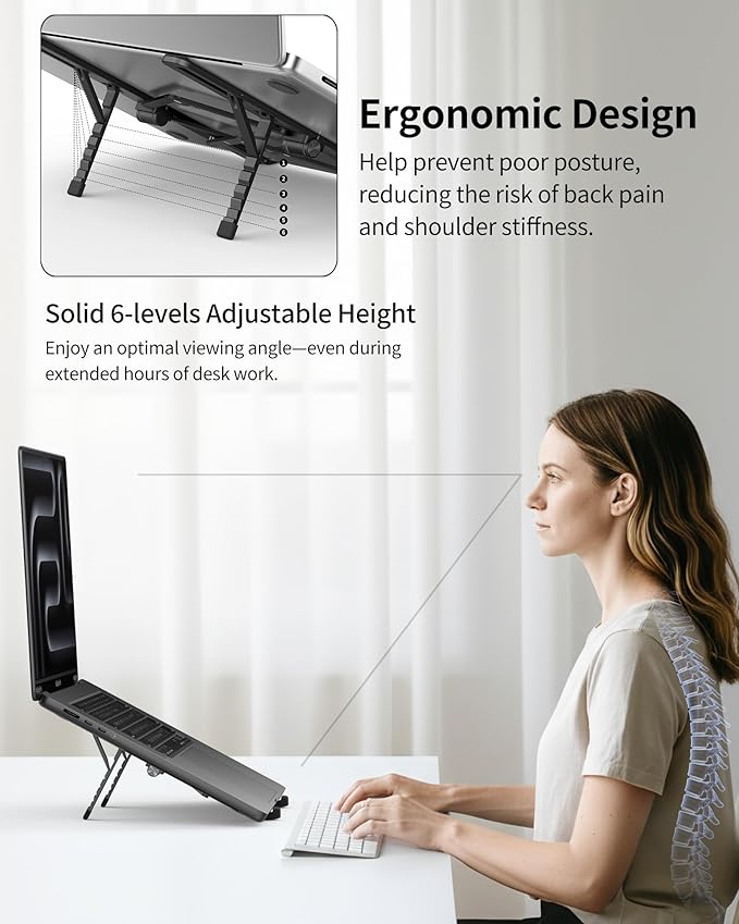 SODI 2025 Foldable Laptop Stand for Desk - Bi - fold Ergonomic Spring Adjustable Computer Holder, 3 in 1 Metal Portable Laptop Stand for Notebook, Phone, Tablet,10 - 16", Desk & Travel Use | Stands - TrueDesk