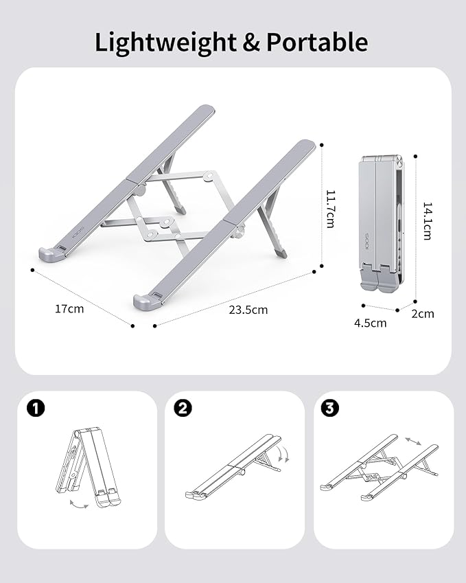 SODI Ultra Compact Foldable Laptop Stand - Portable Laptop Holder for Desk & Travel Use, Adjustable, Ergonomic Aluminum Computer Holder for MacBook, Tablet 10 - 16" (Light Gray, Bi - Fold - Horizontal) | Stands - TrueDesk
