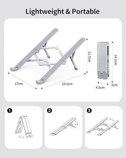 SODI Ultra Compact Foldable Laptop Stand - Portable Laptop Holder for Desk & Travel Use, Adjustable, Ergonomic Aluminum Computer Holder for MacBook, Tablet 10 - 16" (Light Gray, Bi - Fold - Horizontal) | Stands - TrueDesk