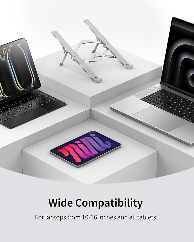 SODI Ultra Compact Foldable Laptop Stand - Portable Laptop Holder for Desk & Travel Use, Adjustable, Ergonomic Aluminum Computer Holder for MacBook, Tablet 10 - 16" (Light Gray, Bi - Fold - Horizontal) | Stands - TrueDesk