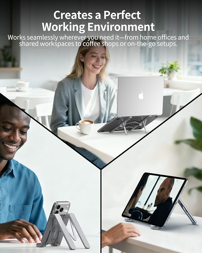 SODI Ultra Compact Foldable Laptop Stand - Portable Laptop Holder for Desk & Travel Use, Adjustable, Ergonomic Aluminum Computer Holder for MacBook, Tablet 10 - 16" (Light Gray, Bi - Fold - Horizontal) | Stands - TrueDesk