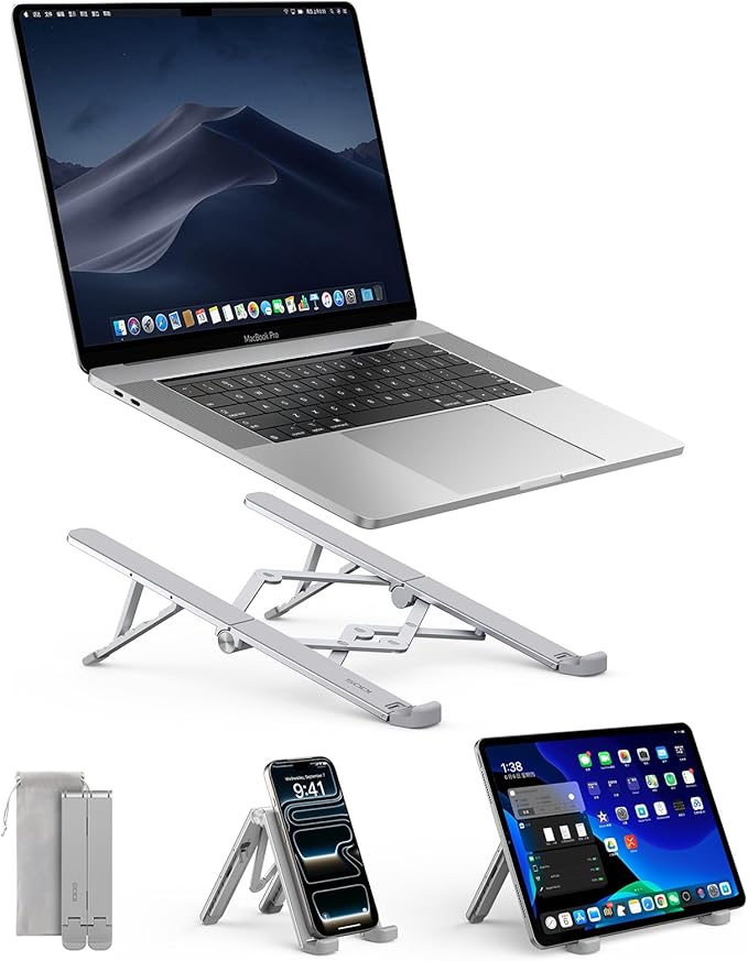 SODI Ultra Compact Foldable Laptop Stand - Portable Laptop Holder for Desk & Travel Use, Adjustable, Ergonomic Aluminum Computer Holder for MacBook, Tablet 10 - 16" (Light Gray, Bi - Fold - Horizontal) | Stands - TrueDesk