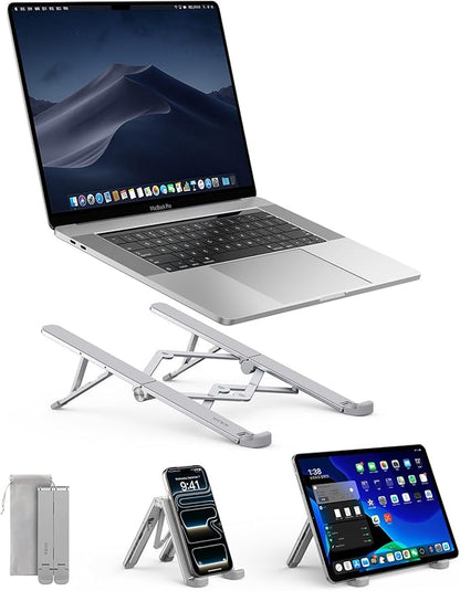 SODI Ultra Compact Foldable Laptop Stand - Portable Laptop Holder for Desk & Travel Use, Adjustable, Ergonomic Aluminum Computer Holder for MacBook, Tablet 10 - 16" (Light Gray, Bi - Fold - Horizontal) | Stands - TrueDesk
