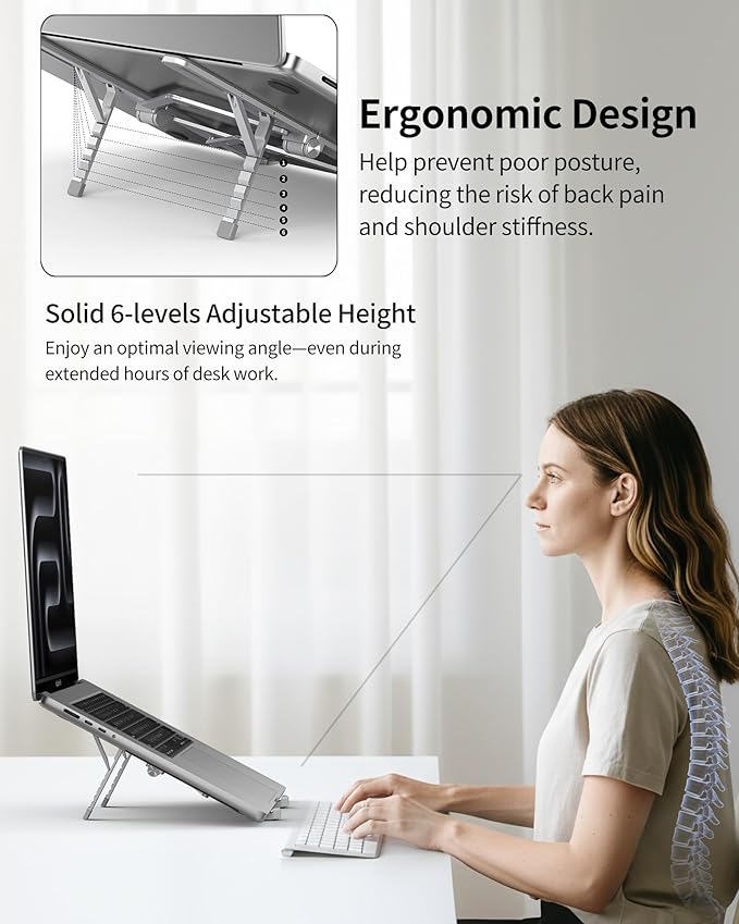 SODI Ultra Compact Foldable Laptop Stand - Portable Laptop Holder for Desk & Travel Use, Adjustable, Ergonomic Aluminum Computer Holder for MacBook, Tablet 10 - 16" (Light Gray, Bi - Fold - Horizontal) | Stands - TrueDesk