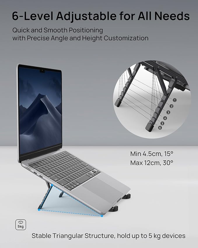 SODI Ultra Compact Foldable Laptop Stand - Portable Laptop Holder for Desk & Travel Use, Ergonomic Aluminum Computer Holder with Adjustable Height for MacBook, Tablet 10 - 16" (Dark Black, Bi - Fold) | Stands - TrueDesk
