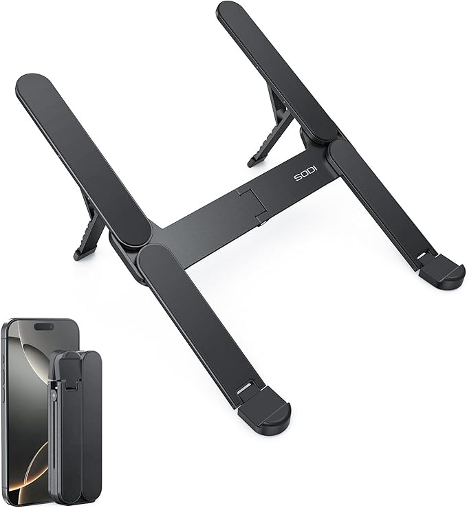 SODI Ultra Compact Foldable Laptop Stand - Portable Laptop Holder for Desk & Travel Use, Ergonomic Aluminum Computer Holder with Adjustable Height for MacBook, Tablet 10 - 16" (Dark Black, Bi - Fold) | Stands - TrueDesk