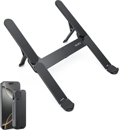 SODI Ultra Compact Foldable Laptop Stand - Portable Laptop Holder for Desk & Travel Use, Ergonomic Aluminum Computer Holder with Adjustable Height for MacBook, Tablet 10 - 16" (Dark Black, Bi - Fold) | Stands - TrueDesk