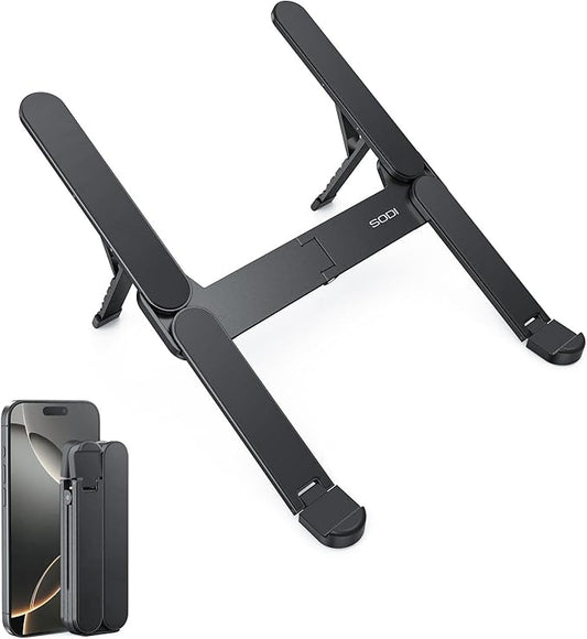 SODI Ultra Compact Foldable Laptop Stand - Portable Laptop Holder for Desk & Travel Use, Ergonomic Aluminum Computer Holder with Adjustable Height for MacBook, Tablet 10 - 16" (Dark Black, Bi - Fold) | Stands - TrueDesk