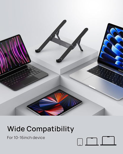 SODI Ultra Compact Foldable Laptop Stand - Portable Laptop Holder for Desk & Travel Use, Ergonomic Aluminum Computer Holder with Adjustable Height for MacBook, Tablet 10 - 16" (Dark Black, Bi - Fold) | Stands - TrueDesk