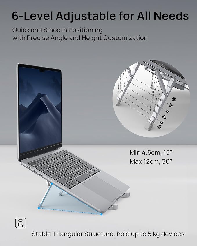 SODI Ultra Compact Foldable Laptop Stand - Portable Laptop Holder for Desk & Travel Use, Ergonomic Aluminum Computer Holder with Adjustable Height for MacBook, Tablet 10 - 16" (Light Gray, Bi - Fold) | Stands - TrueDesk