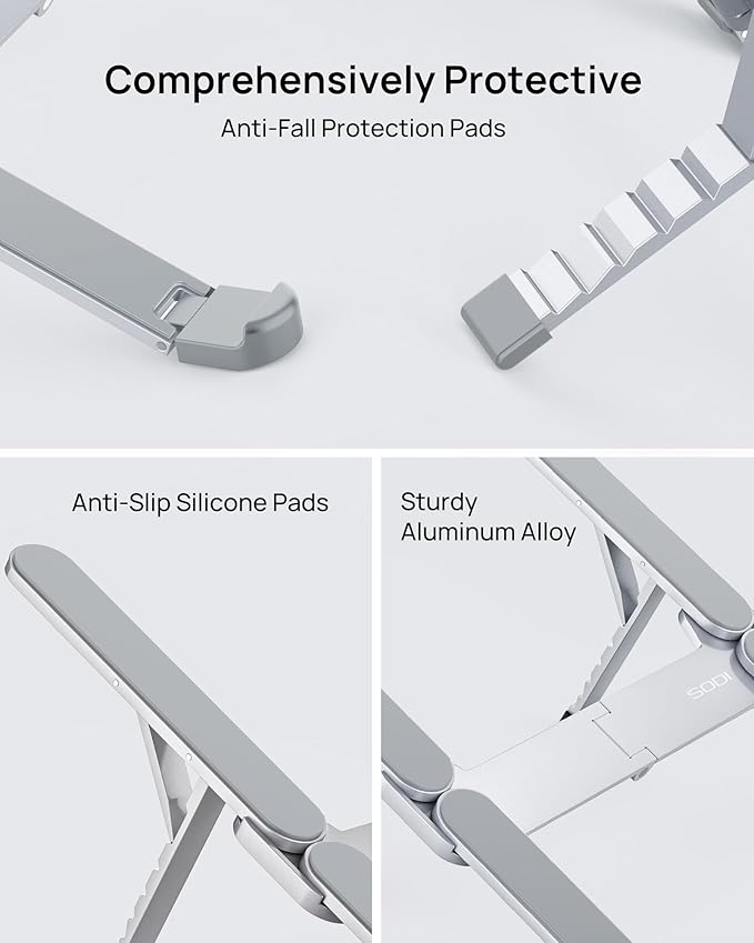 SODI Ultra Compact Foldable Laptop Stand - Portable Laptop Holder for Desk & Travel Use, Ergonomic Aluminum Computer Holder with Adjustable Height for MacBook, Tablet 10 - 16" (Light Gray, Bi - Fold) | Stands - TrueDesk