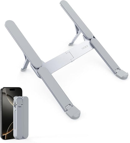 SODI Ultra Compact Foldable Laptop Stand - Portable Laptop Holder for Desk & Travel Use, Ergonomic Aluminum Computer Holder with Adjustable Height for MacBook, Tablet 10 - 16" (Light Gray, Bi - Fold) | Stands - TrueDesk