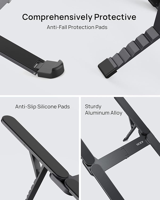 SODI Ultra Compact Foldable Laptop Stand - Portable Laptop Holder for Desk & Travel Use, Ergonomic Aluminum Computer Holder with Adjustable Height for MacBook, Tablet 10 - 16" (Dark Black, Bi - Fold) | Stands - TrueDesk