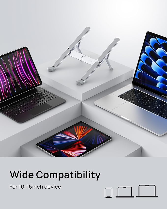 SODI Ultra Compact Foldable Laptop Stand - Portable Laptop Holder for Desk & Travel Use, Ergonomic Aluminum Computer Holder with Adjustable Height for MacBook, Tablet 10 - 16" (Light Gray, Bi - Fold) | Stands - TrueDesk