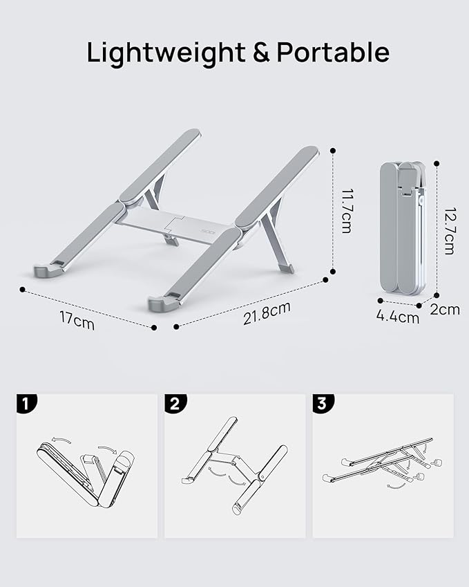 SODI Ultra Compact Foldable Laptop Stand - Portable Laptop Holder for Desk & Travel Use, Ergonomic Aluminum Computer Holder with Adjustable Height for MacBook, Tablet 10 - 16" (Light Gray, Bi - Fold) | Stands - TrueDesk