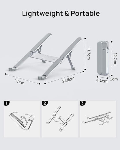 SODI Ultra Compact Foldable Laptop Stand - Portable Laptop Holder for Desk & Travel Use, Ergonomic Aluminum Computer Holder with Adjustable Height for MacBook, Tablet 10 - 16" (Light Gray, Bi - Fold) | Stands - TrueDesk