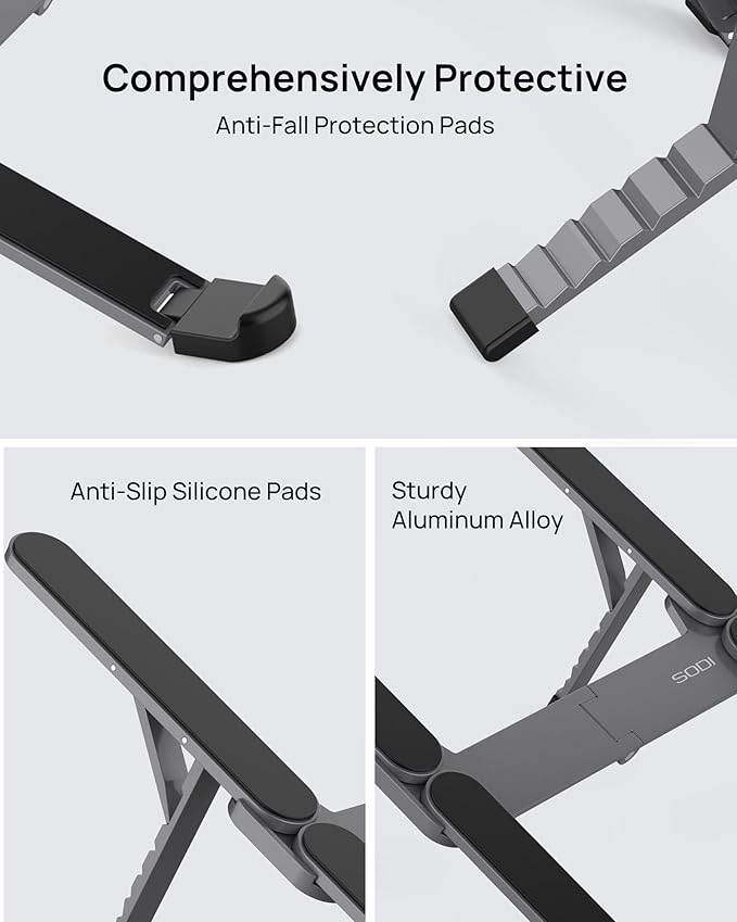 SODI [Ultra Compact] Foldable & Portable Laptop Stand for Desk, Lightweight Tablet Stand for Business Travel, Library, Cafe, 6 Level Height Ergonomic Aluminum Computer Holder for 10 - 16" Laptops | Stands - TrueDesk