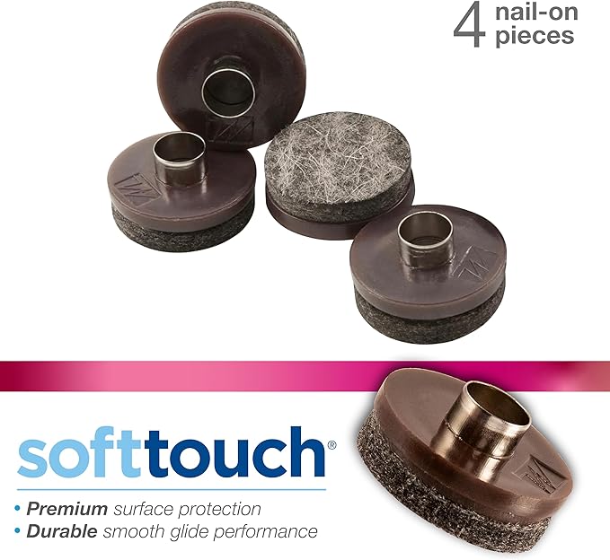 SoftTouch 1 - 1/2" Round Nail - On Felt Furniture Sliders, Protective Heavy - Duty Felt Pads for Wood Furniture and Hard Surfaces, 4 - Count, Brown | Furniture Pads - TrueDesk
