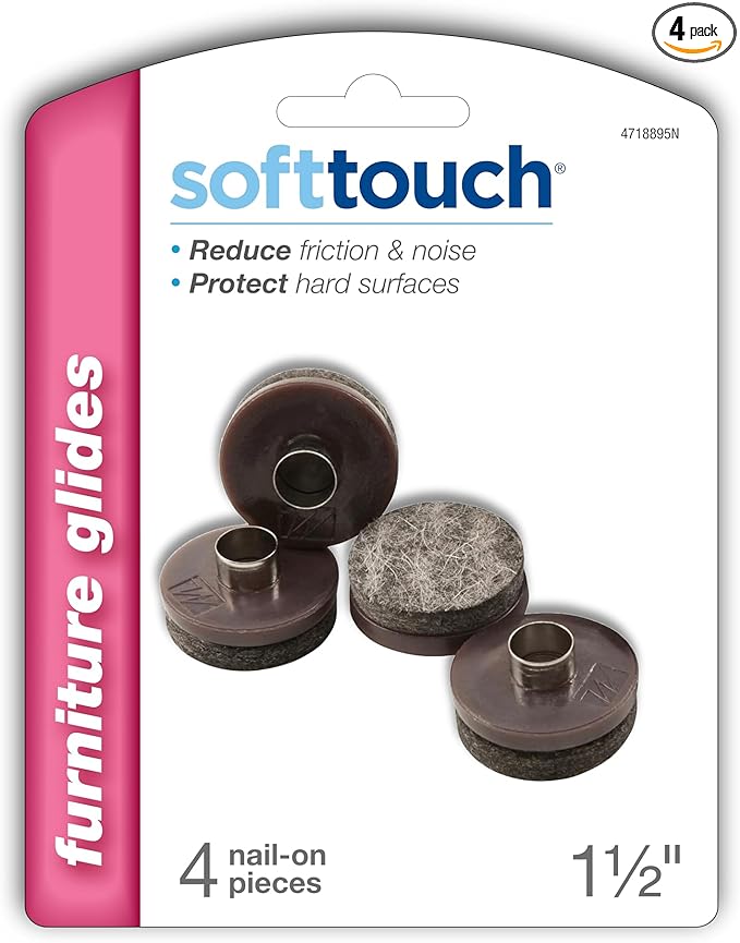 SoftTouch 1 - 1/2" Round Nail - On Felt Furniture Sliders, Protective Heavy - Duty Felt Pads for Wood Furniture and Hard Surfaces, 4 - Count, Brown | Furniture Pads - TrueDesk
