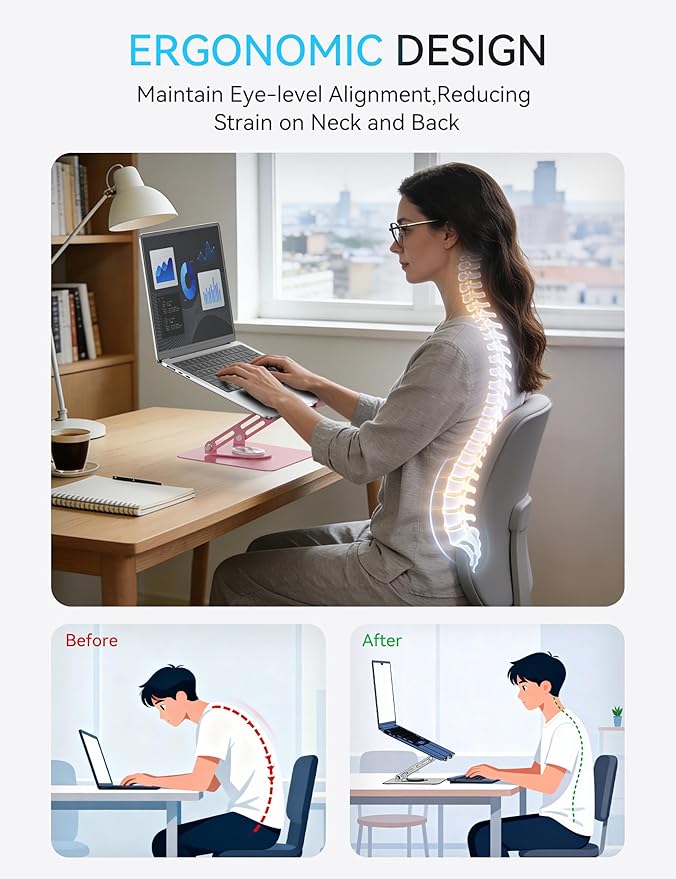 SOUNDANCE 360 Rotating Laptop Stand, Ergonomic Computer Riser for Desk, Adjustable Height Multi - Angle Metal Holder, Foldable Portable Notebook Elevating Base for Office & Home, Pink | Stands - TrueDesk
