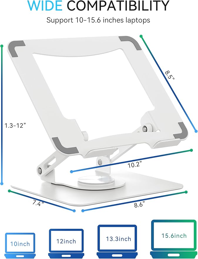 SOUNDANCE 360 Rotating Laptop Stand, Ergonomic Computer Riser for Desk, Adjustable Height Multi - Angle Metal Holder, Foldable Portable Notebook Elevating Base for Office & Home, White | Stands - TrueDesk