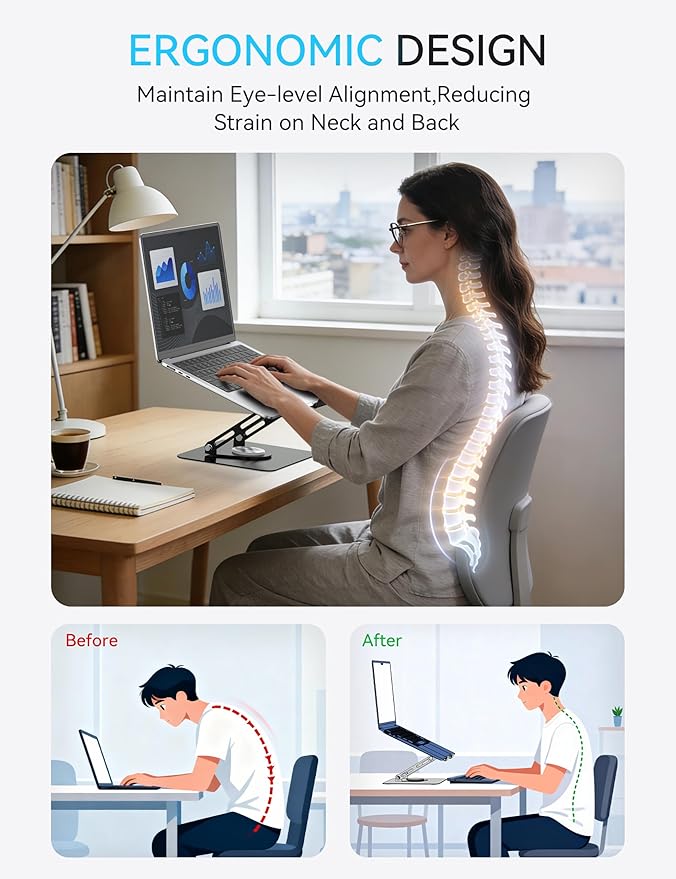 SOUNDANCE 360 Rotating Laptop Stand, Ergonomic Computer Riser for Desk, Adjustable Height Multi - Angle Metal Holder, Foldable Portable Notebook Elevating Base for Office & Home, Black | Stands - TrueDesk