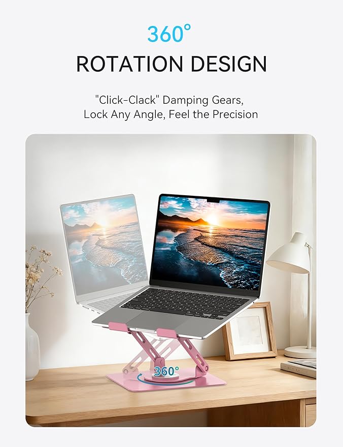 SOUNDANCE 360 Rotating Laptop Stand, Ergonomic Computer Riser for Desk, Adjustable Height Multi - Angle Metal Holder, Foldable Portable Notebook Elevating Base for Office & Home, Pink | Stands - TrueDesk