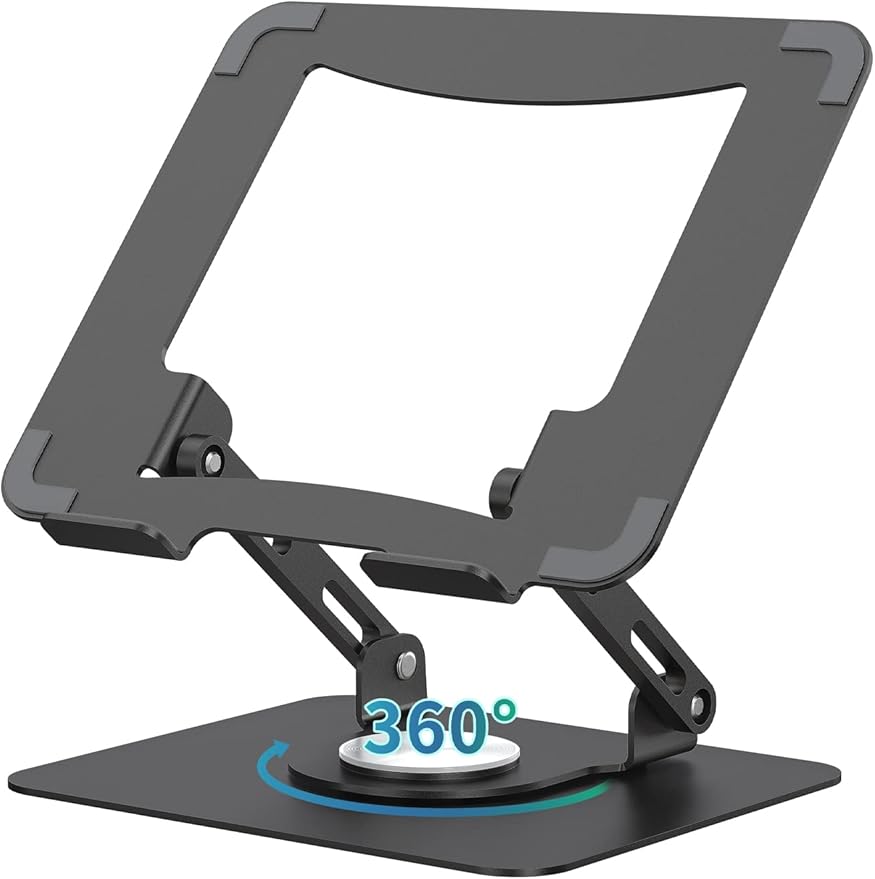 SOUNDANCE 360 Rotating Laptop Stand, Ergonomic Computer Riser for Desk, Adjustable Height Multi - Angle Metal Holder, Foldable Portable Notebook Elevating Base for Office & Home, Black | Stands - TrueDesk