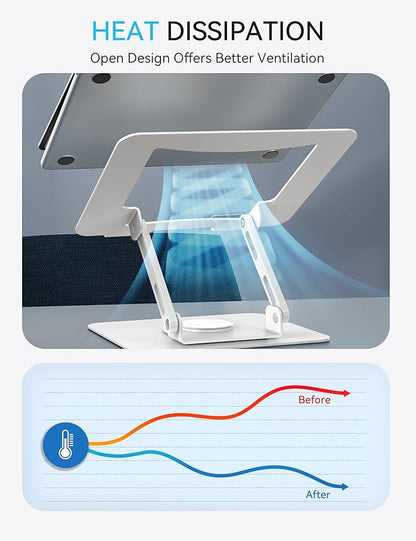 SOUNDANCE 360 Rotating Laptop Stand, Ergonomic Computer Riser for Desk, Adjustable Height Multi - Angle Metal Holder, Foldable Portable Notebook Elevating Base for Office & Home, White | Stands - TrueDesk