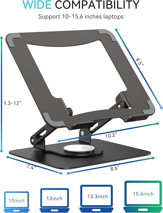 SOUNDANCE 360 Rotating Laptop Stand, Ergonomic Computer Riser for Desk, Adjustable Height Multi - Angle Metal Holder, Foldable Portable Notebook Elevating Base for Office & Home, Black | Stands - TrueDesk