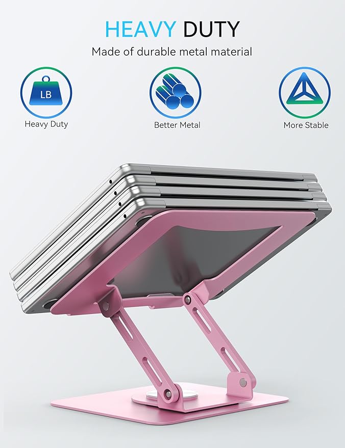 SOUNDANCE 360 Rotating Laptop Stand, Ergonomic Computer Riser for Desk, Adjustable Height Multi - Angle Metal Holder, Foldable Portable Notebook Elevating Base for Office & Home, Pink | Stands - TrueDesk