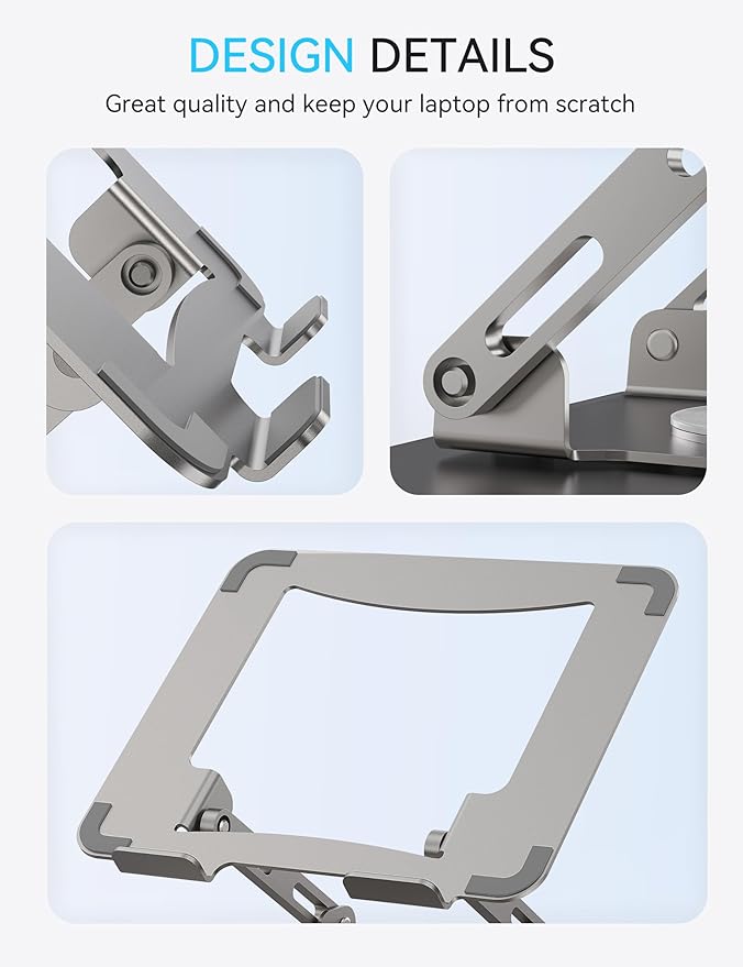 SOUNDANCE 360 Rotating Laptop Stand, Ergonomic Computer Riser for Desk, Adjustable Height Multi - Angle Metal Holder, Foldable Portable Notebook Elevating Base for Office & Home, Silver Grey | Stands - TrueDesk