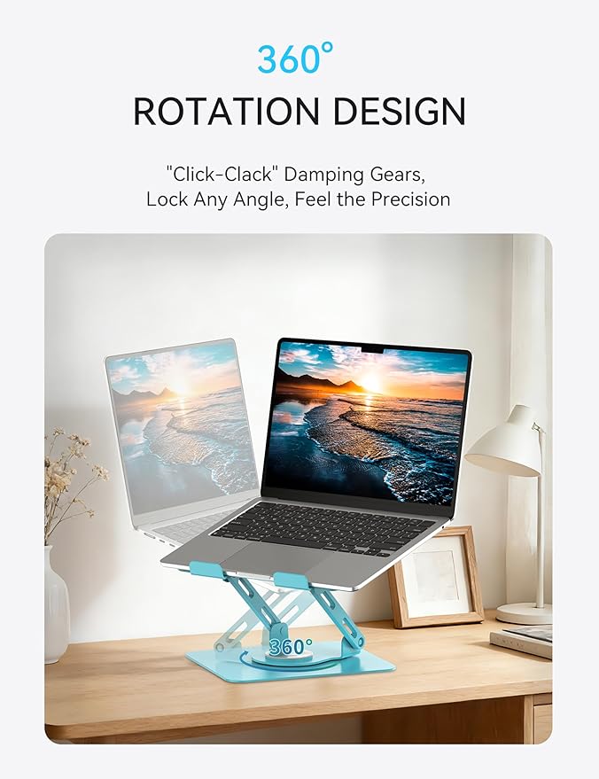 SOUNDANCE 360 Rotating Laptop Stand, Ergonomic Computer Riser for Desk, Adjustable Height Multi - Angle Metal Holder, Foldable Portable Notebook Elevating Base for Office & Home, Blue | Stands - TrueDesk