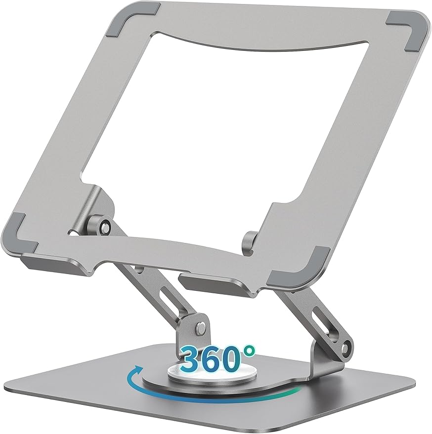 SOUNDANCE 360 Rotating Laptop Stand, Ergonomic Computer Riser for Desk, Adjustable Height Multi - Angle Metal Holder, Foldable Portable Notebook Elevating Base for Office & Home, Silver Grey | Stands - TrueDesk