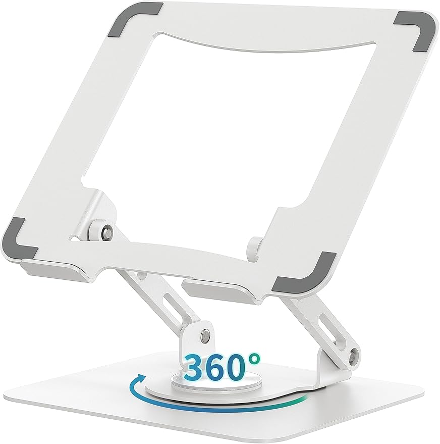 SOUNDANCE 360 Rotating Laptop Stand, Ergonomic Computer Riser for Desk, Adjustable Height Multi - Angle Metal Holder, Foldable Portable Notebook Elevating Base for Office & Home, White | Stands - TrueDesk