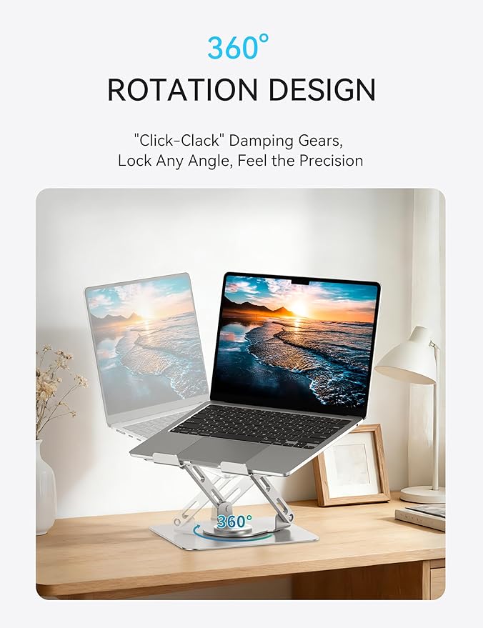 SOUNDANCE 360 Rotating Laptop Stand, Ergonomic Computer Riser for Desk, Adjustable Height Multi - Angle Metal Holder, Foldable Portable Notebook Elevating Base for Office & Home, Silver Grey | Stands - TrueDesk