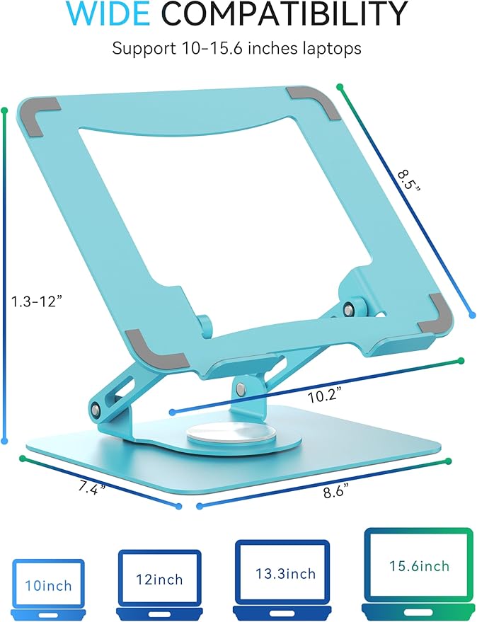 SOUNDANCE 360 Rotating Laptop Stand, Ergonomic Computer Riser for Desk, Adjustable Height Multi - Angle Metal Holder, Foldable Portable Notebook Elevating Base for Office & Home, Blue | Stands - TrueDesk
