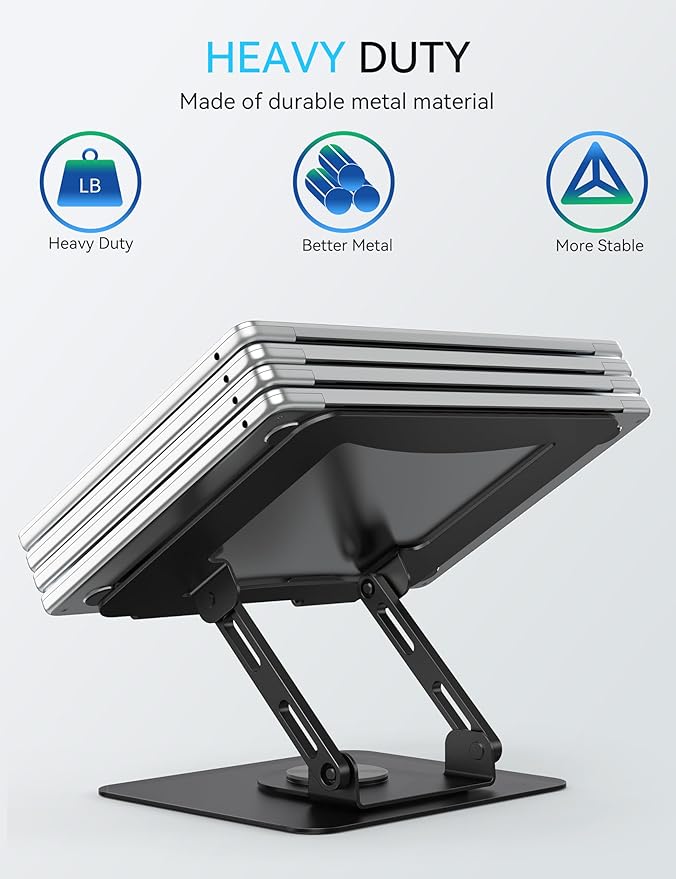 SOUNDANCE 360 Rotating Laptop Stand, Ergonomic Computer Riser for Desk, Adjustable Height Multi - Angle Metal Holder, Foldable Portable Notebook Elevating Base for Office & Home, Black | Stands - TrueDesk