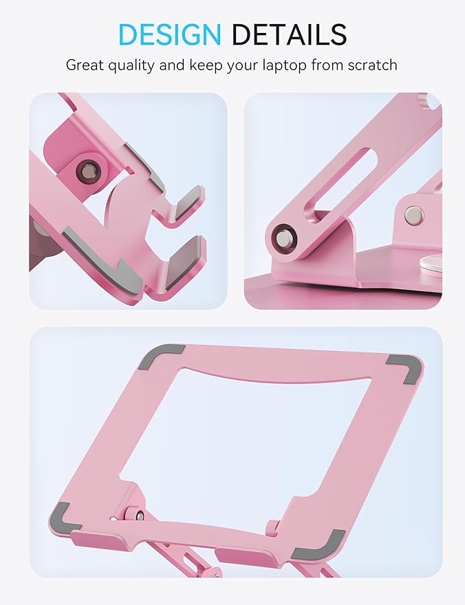SOUNDANCE 360 Rotating Laptop Stand, Ergonomic Computer Riser for Desk, Adjustable Height Multi - Angle Metal Holder, Foldable Portable Notebook Elevating Base for Office & Home, Pink | Stands - TrueDesk