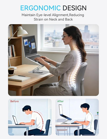 SOUNDANCE 360 Rotating Laptop Stand, Ergonomic Computer Riser for Desk, Adjustable Height Multi - Angle Metal Holder, Foldable Portable Notebook Elevating Base for Office & Home, Silver Grey | Stands - TrueDesk