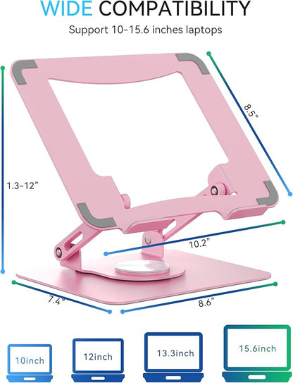 SOUNDANCE 360 Rotating Laptop Stand, Ergonomic Computer Riser for Desk, Adjustable Height Multi - Angle Metal Holder, Foldable Portable Notebook Elevating Base for Office & Home, Pink | Stands - TrueDesk