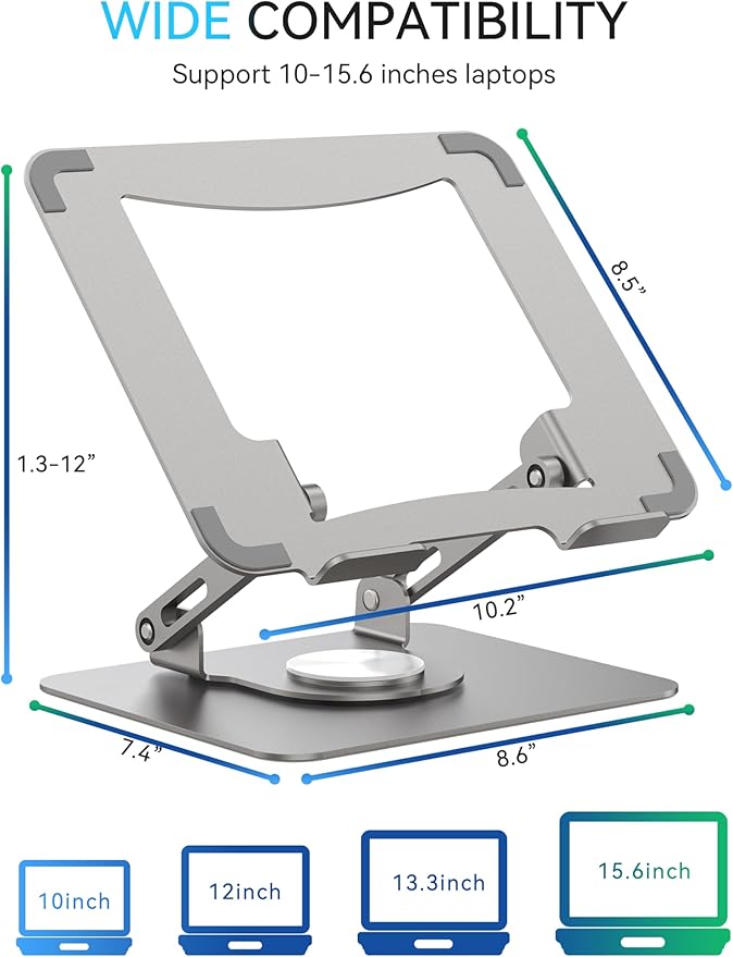 SOUNDANCE 360 Rotating Laptop Stand, Ergonomic Computer Riser for Desk, Adjustable Height Multi - Angle Metal Holder, Foldable Portable Notebook Elevating Base for Office & Home, Silver Grey | Stands - TrueDesk