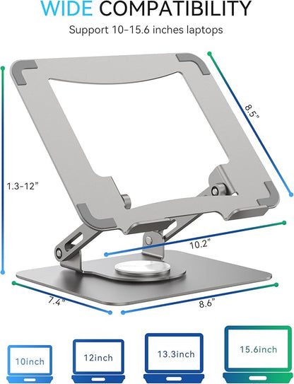 SOUNDANCE 360 Rotating Laptop Stand, Ergonomic Computer Riser for Desk, Adjustable Height Multi - Angle Metal Holder, Foldable Portable Notebook Elevating Base for Office & Home, Silver Grey | Stands - TrueDesk