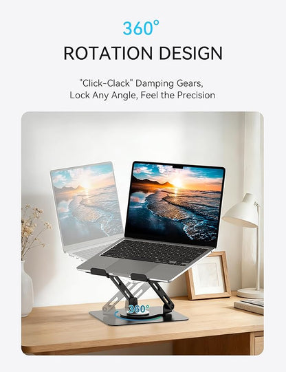 SOUNDANCE 360 Rotating Laptop Stand, Ergonomic Computer Riser for Desk, Adjustable Height Multi - Angle Metal Holder, Foldable Portable Notebook Elevating Base for Office & Home, Black | Stands - TrueDesk
