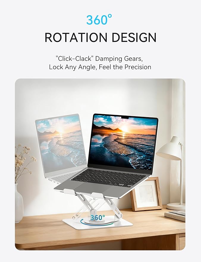 SOUNDANCE 360 Rotating Laptop Stand, Ergonomic Computer Riser for Desk, Adjustable Height Multi - Angle Metal Holder, Foldable Portable Notebook Elevating Base for Office & Home, White | Stands - TrueDesk