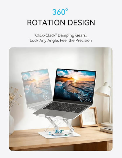 SOUNDANCE 360 Rotating Laptop Stand, Ergonomic Computer Riser for Desk, Adjustable Height Multi - Angle Metal Holder, Foldable Portable Notebook Elevating Base for Office & Home, White | Stands - TrueDesk