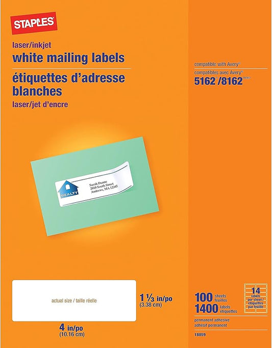 Staples 1 - 1/3" x 4" Address Labels, White – Printable Laser & Inkjet Mailing Labels, 14 Labels per Sheet | Laser Inkjet Printer Labels - TrueDesk