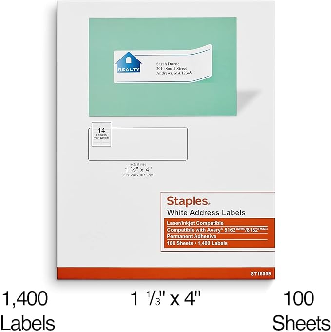 Staples 1 - 1/3" x 4" Address Labels, White – Printable Laser & Inkjet Mailing Labels, 14 Labels per Sheet | Laser Inkjet Printer Labels - TrueDesk