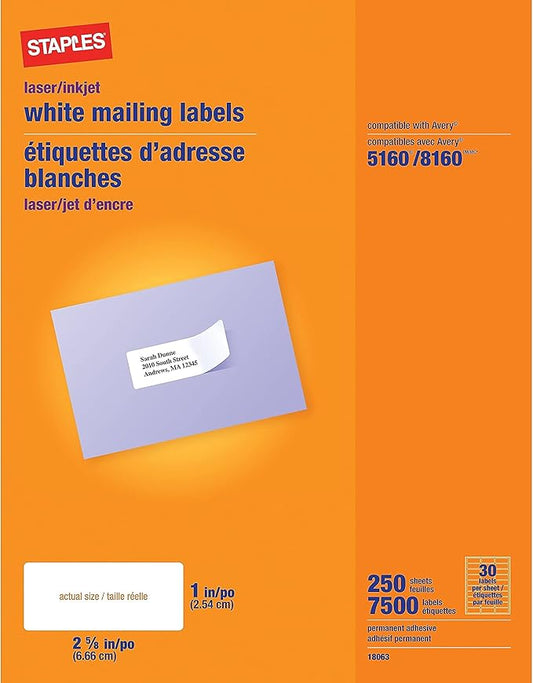 Staples 1" x 2 - 5/8" Address Labels, White – Easy - Peel Printable Laser & Inkjet Mailing Labels, 7,500 Labels (30 per Sheet) | Laser Inkjet Printer Labels - TrueDesk